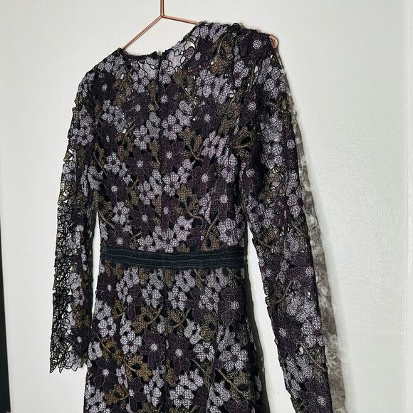 CYNTHIA ROWLEY Linden Purple Black Lace Floral Bell Sleeves Mini Dress Size 4 - Picture 10 of 13